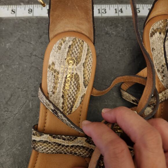 Coach Snakeskin Sandals Women's 9.5 B Brown Python  Embossed Wedge Sandal - Picture 2 of 7